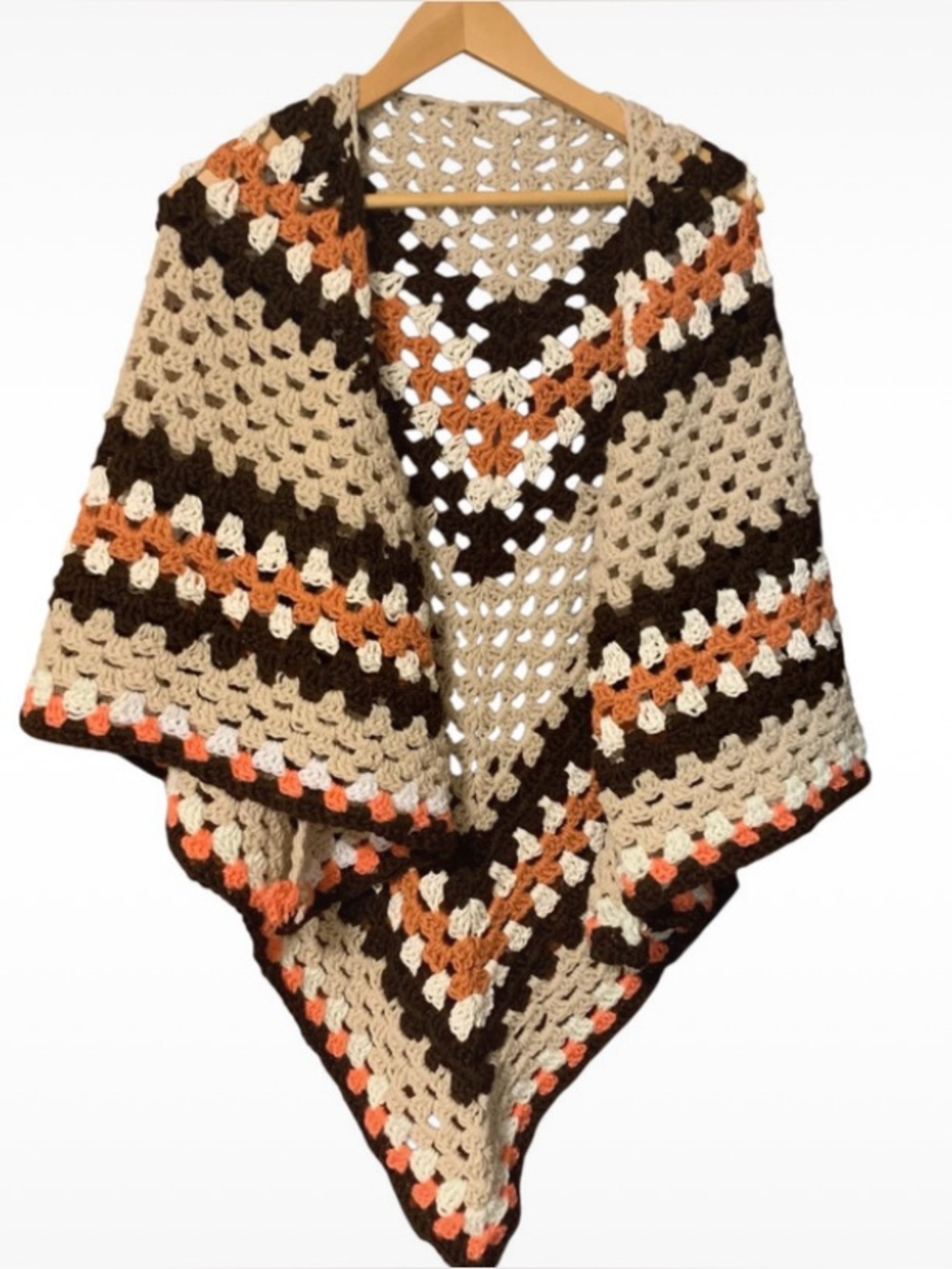 Handmade Crochet Triangle Shawl in Beige, Brown & Orange